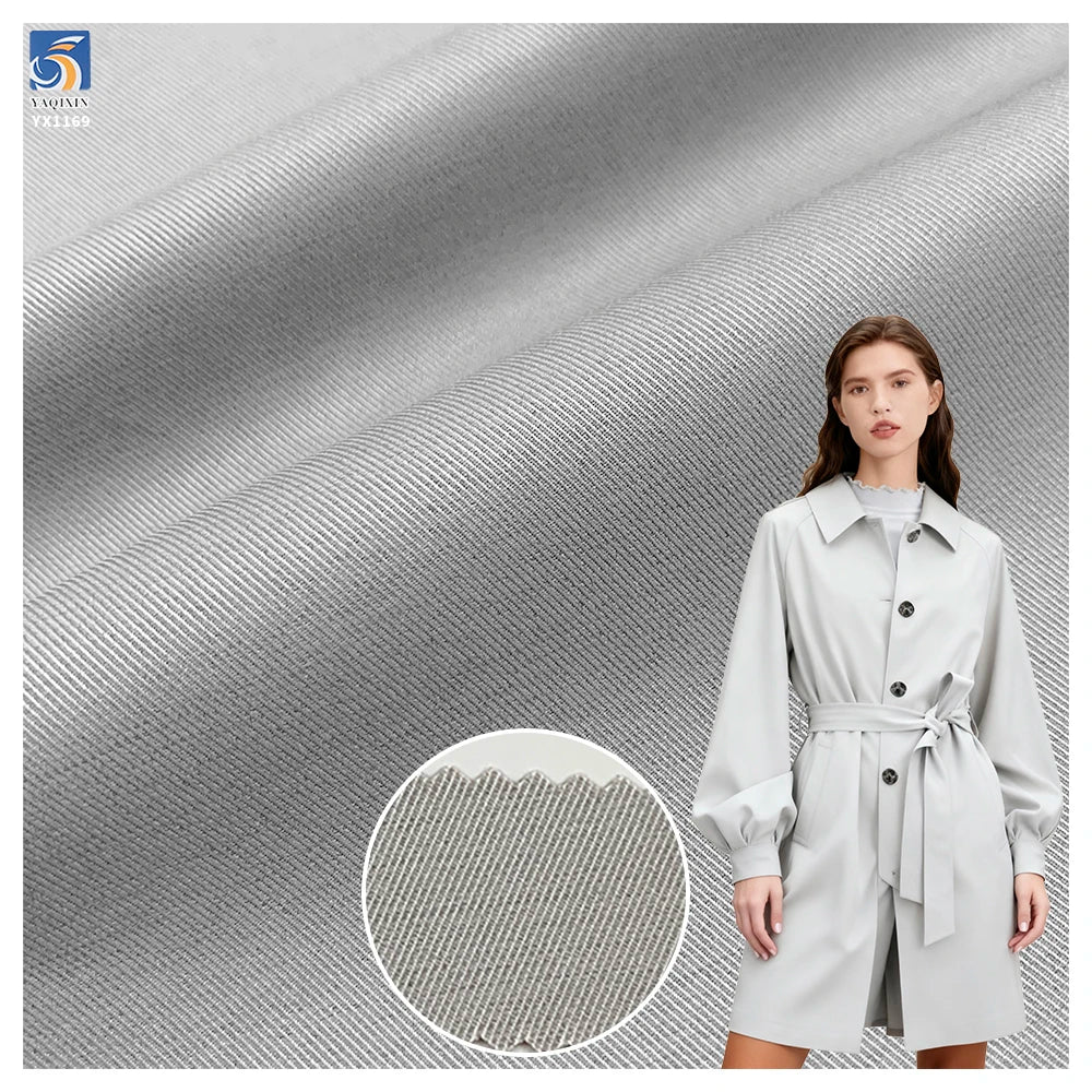 YX1169 Medium Weight 240gsm Gray and Khaki 3/3 Thick Twill Fabric Polyester Chiffon Twill Fabric for Trench Coat Woman