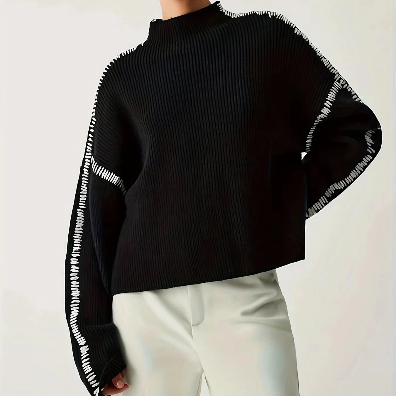 Latest Ladies Turtleneck Knitting Sweater 100% Polyester Double Breasted Vintage Casual Spring Anti-Wrinkle Long Sleeve Front