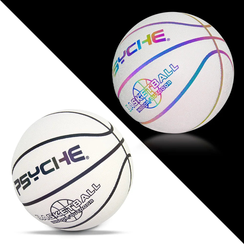 Custom PSYCHE Basketball White PU Leather with Luminous Logo and Channels Glow in the Dark Effect