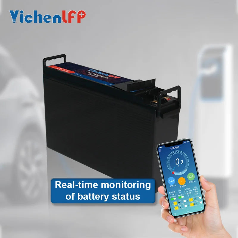Deep Cycle Ultra Slim Lithium Iron Lifepo4 Battery Front Terminal 12.8V 200Ah IP67 5000-Cycle RV 4x4 Camping