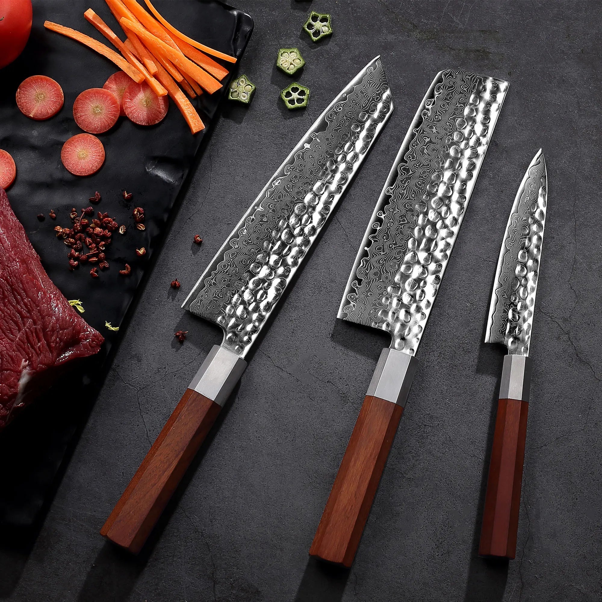 Paudin 3pcs Kitchen Knife Hammer Pattern Blade 67 Layers Damascus Knives Sets Rosewood Handle7 Inches Santoku Knife