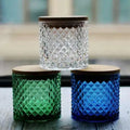 Wholesale pink Embossed Glass Candle Vessels with Wood Lid