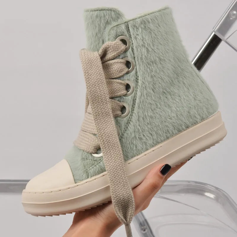 BUSY GIRL PT4178 Black Fur Sneakers Women Shoes Flats Sneakers Thick Lace up High Top Zapatos Mujer Women's Casual Shoes