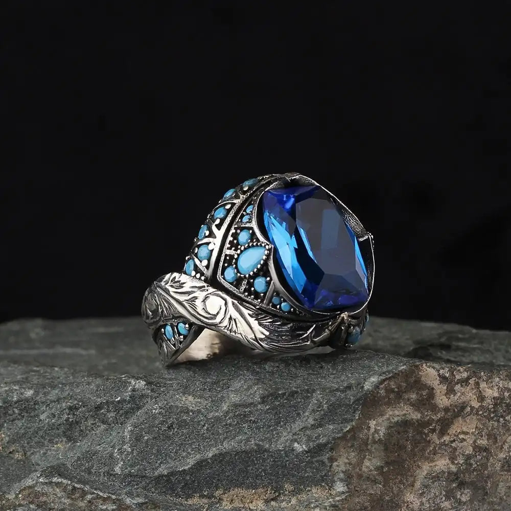 New Arrival Azuris Men's 925 Sterling Silver Ottoman Style Ring From Turkey Natural Stone Aqeeq Fine Jewelry VALKH1011