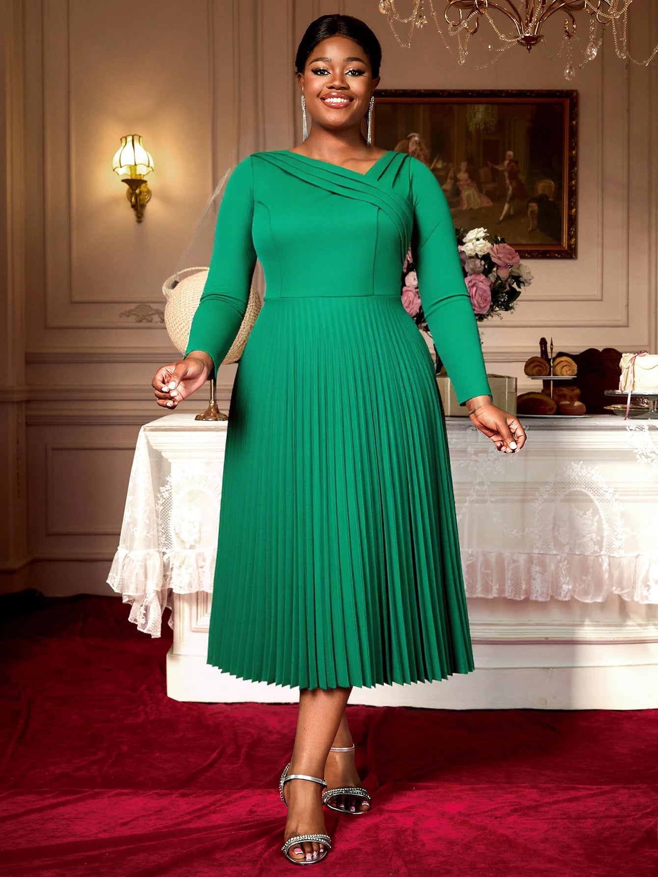 AM050839 Elegant Fall Long Sleeve Basic Dresses Christmas Green Pleated Dress