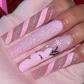 Factory Wholesale 24Pcs ABS Finger Nail Shiny Glitter Long Coffin False Nails Press on With Nail Glue
