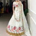 WOMEN'S WHITE GEORGETTE THREAD EMBROIDERED STRETCHABLE PARTY WEDDING DIWALI LEHENGA CHOLI
