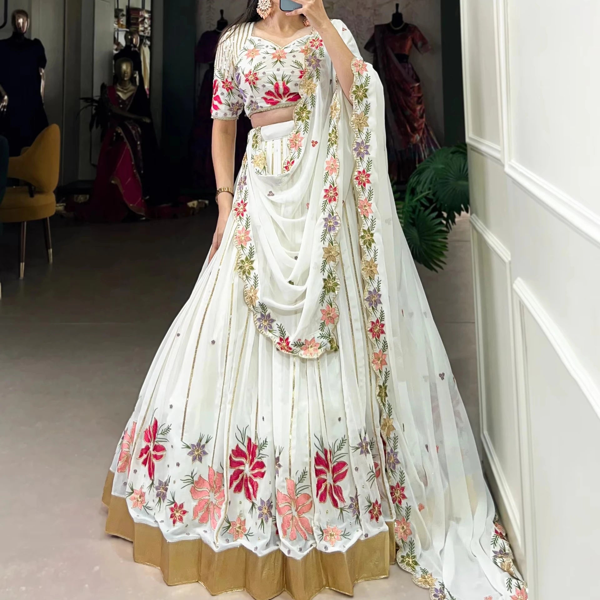 WOMEN'S WHITE GEORGETTE THREAD EMBROIDERED STRETCHABLE PARTY WEDDING DIWALI LEHENGA CHOLI