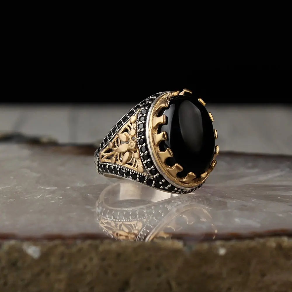 Men's Handmade 925 Sterling Silver Bezel Setting Onyx Stone Classic Wedding Engagement Ring Featuring Pearl Stone Direct Turkey
