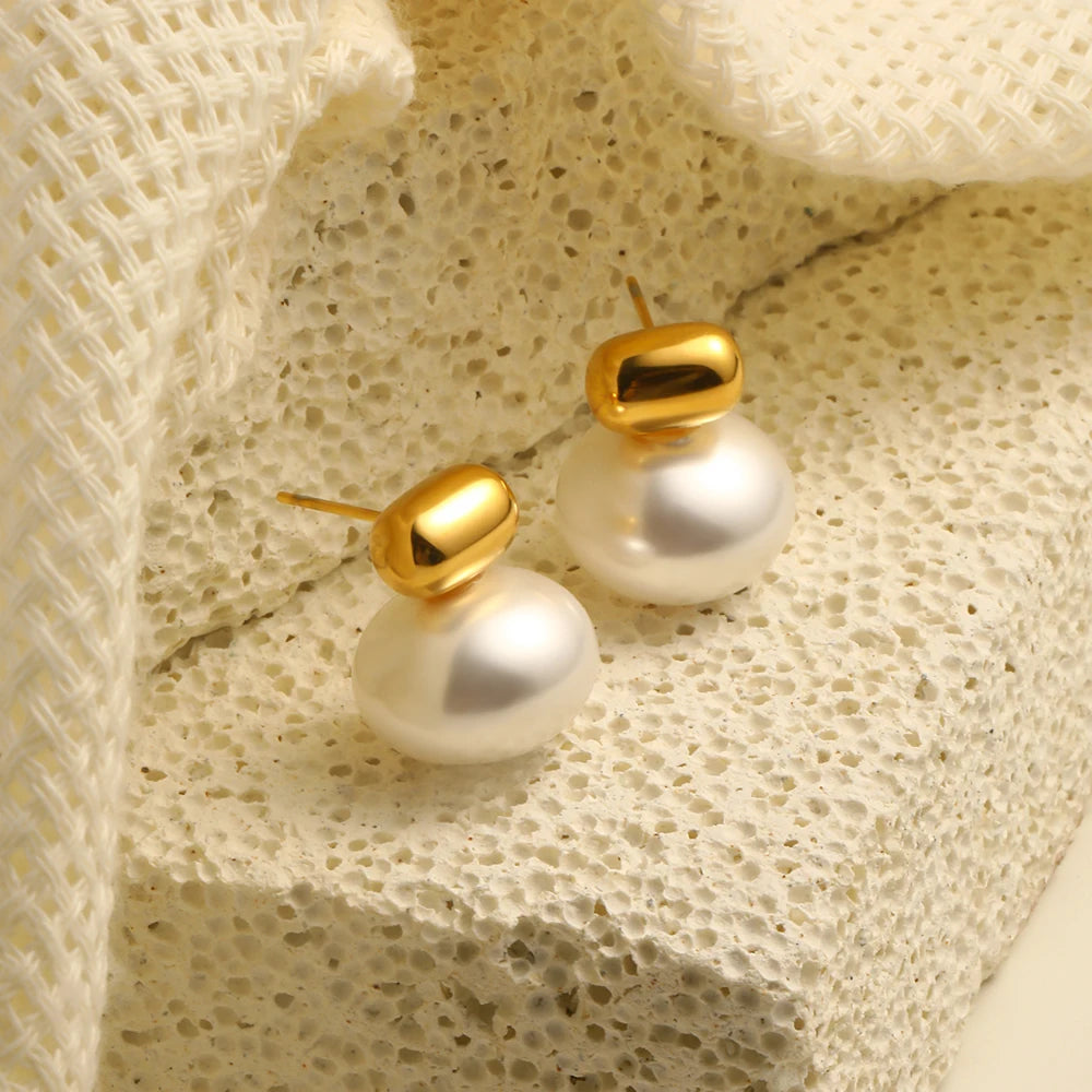 Dreamshow Dainty Imitation Pearl  Stud Earring for Women Fashion 18K Gold Plated Stainless Steel Jewelry
