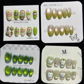 Handcrafted Luxury Cute Green Cartoon Cat Eye 3D Flower Custom Oval Short False Nails 061 062 063 064