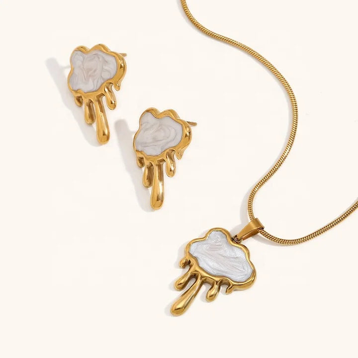 Dingran High Quality Jewelry Set 18K Gold Plated Stainless Steel Shell Cloud Pendant Necklaces and Stud Earrings