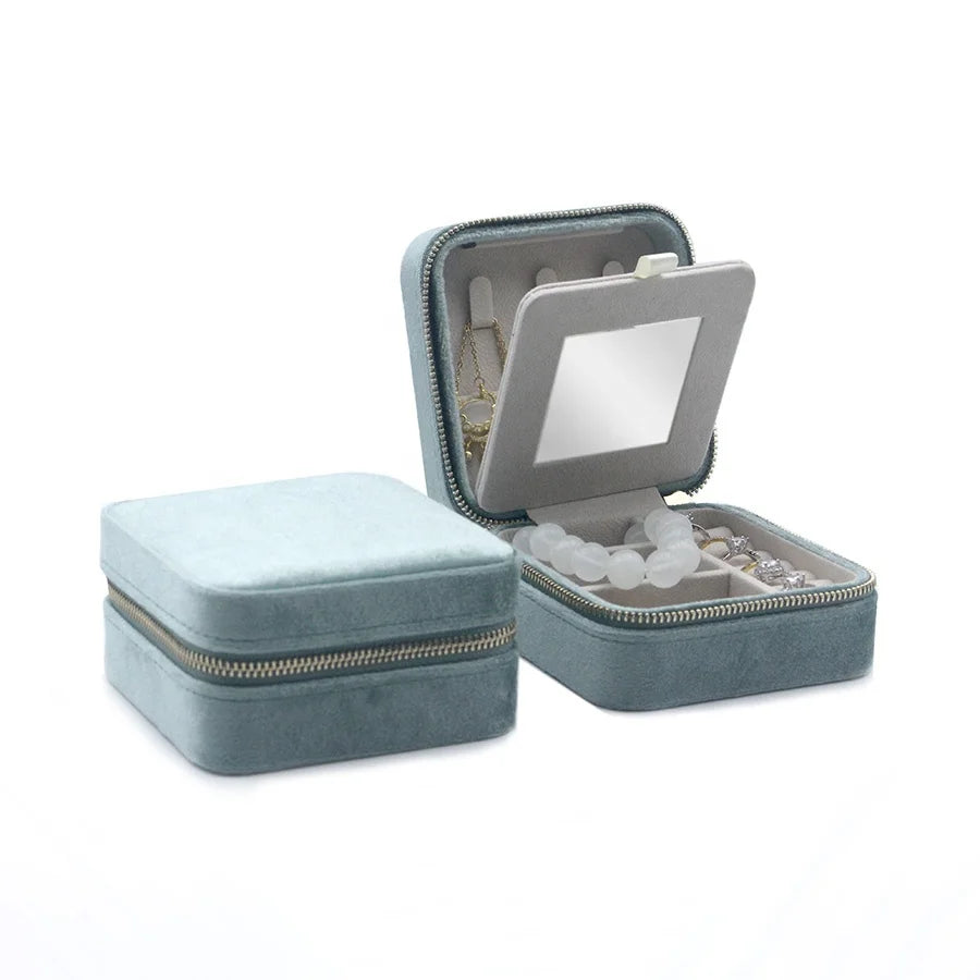 Plush Velvet Travel Jewelry Box Organizer Small Jewelry Box for Women Earring Organizer with Mirror