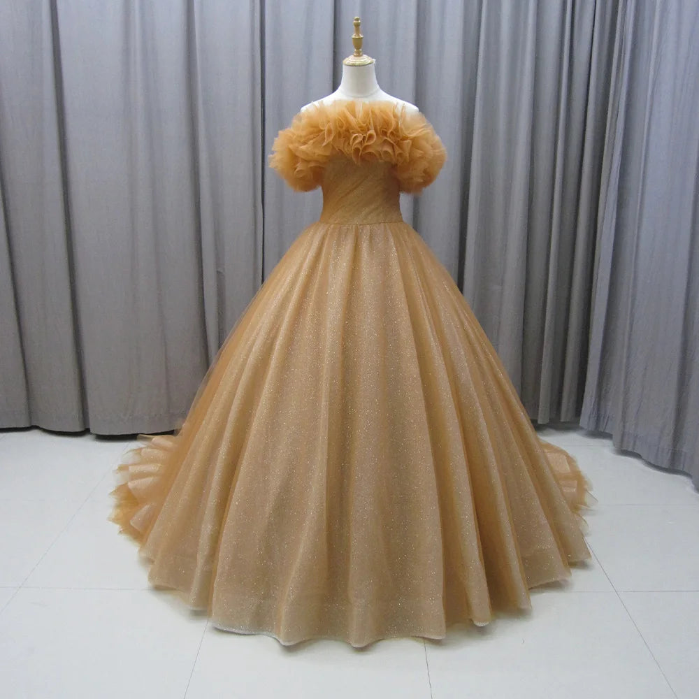 Jancember MZ0005 Glitter Golden Ruched Evening Party Gowns Dresses for Girl