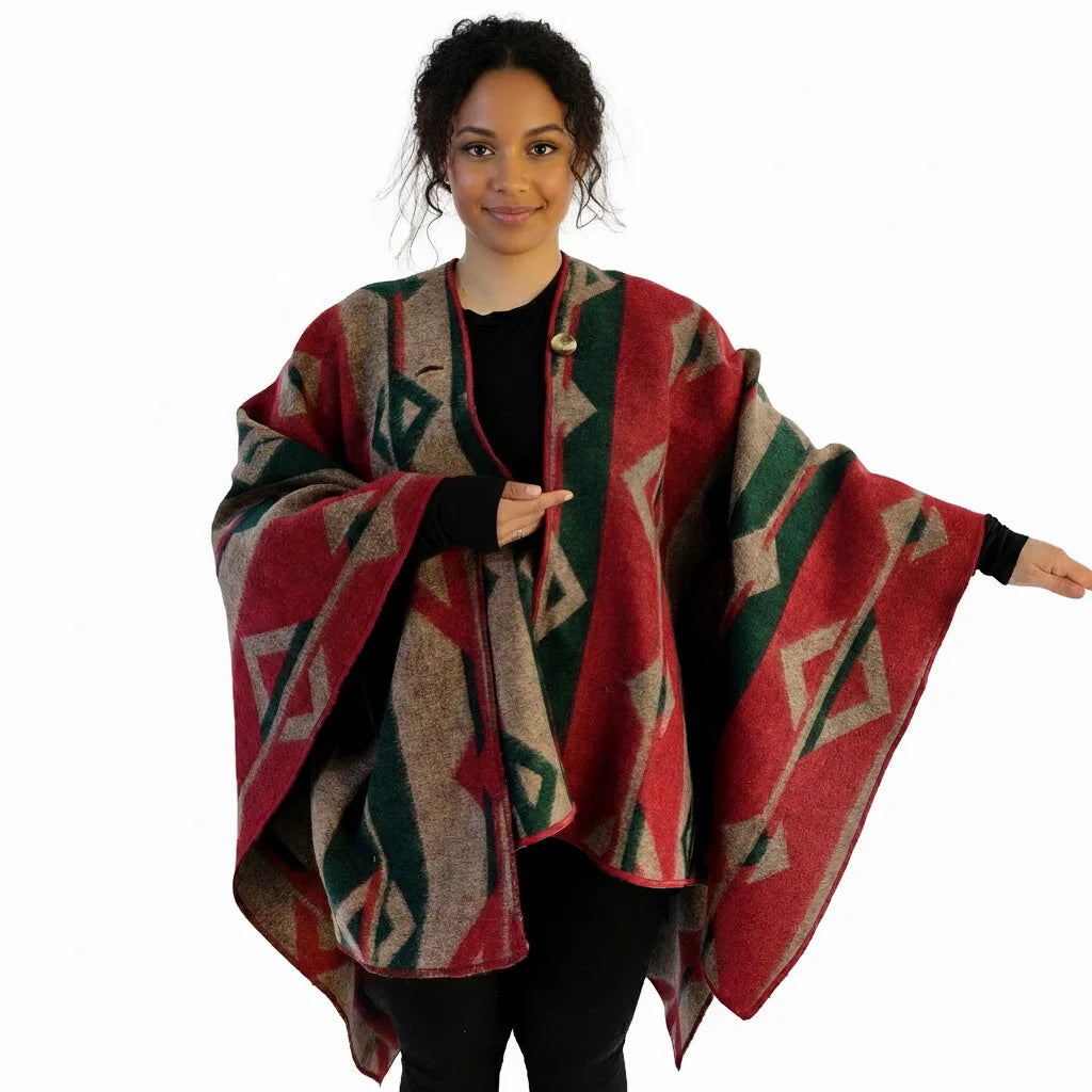 Green Beige Red Wool Winter Shawl Unisex Warm Poncho with Ethnic Design Pattern Non-Pilling for Camping Exve Exclusive Turkey