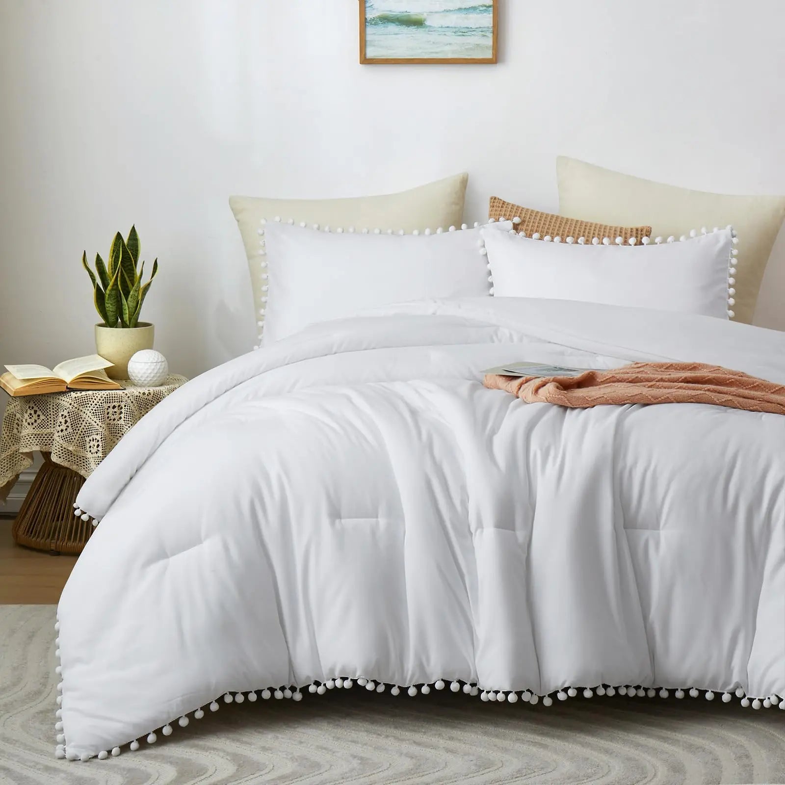 Hotel & Home 3-Pieces White Comforter Bedding Sets Queen Bohemian Style Bedding Comforter Set With Pom Poms Fringe New Design
