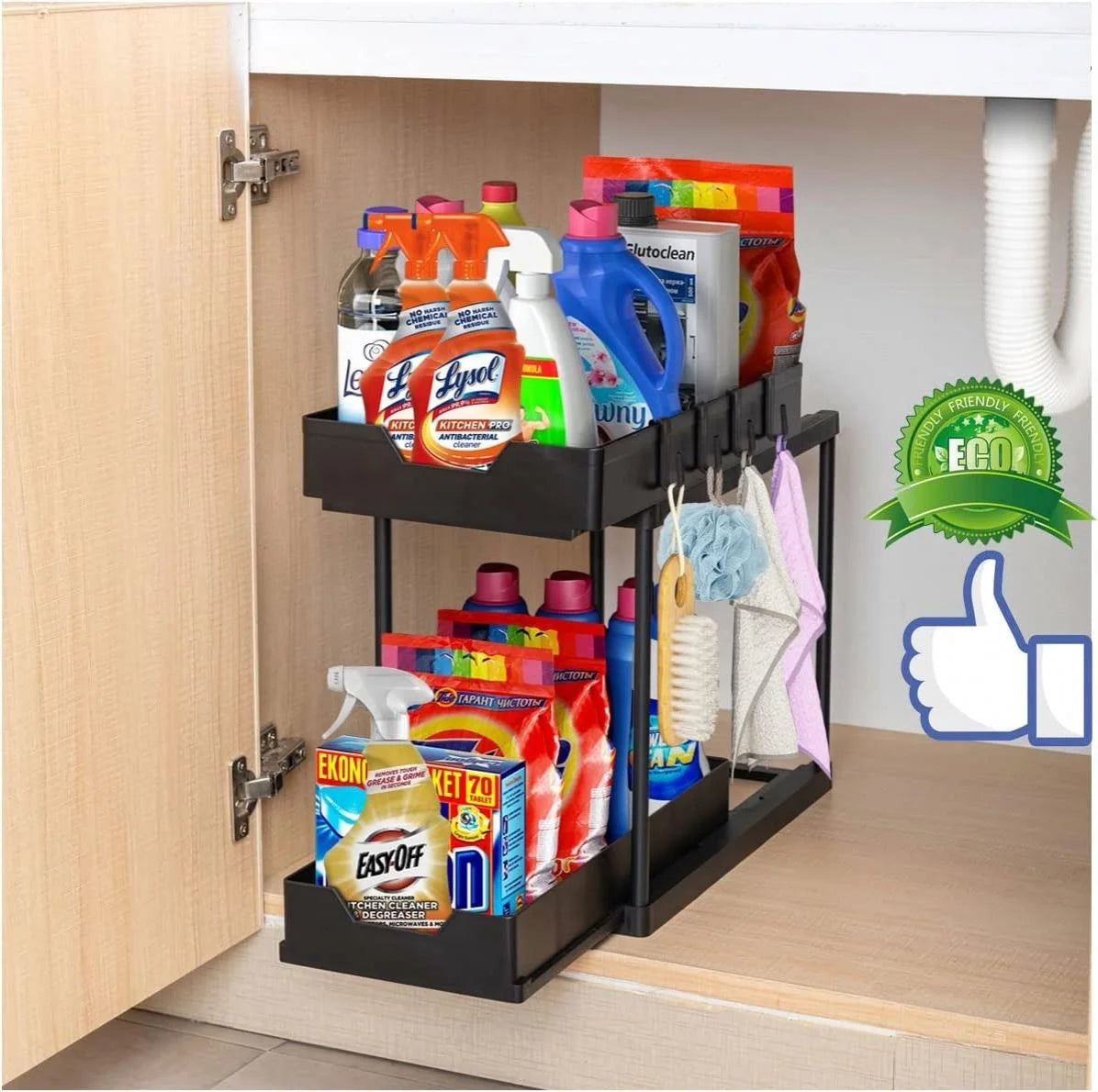 Black 2-Tier Plastic Under-Sink Organizer for Kitchen & Bathroom Slide-Pull Out Cabinet Storage & Organizer Shelf