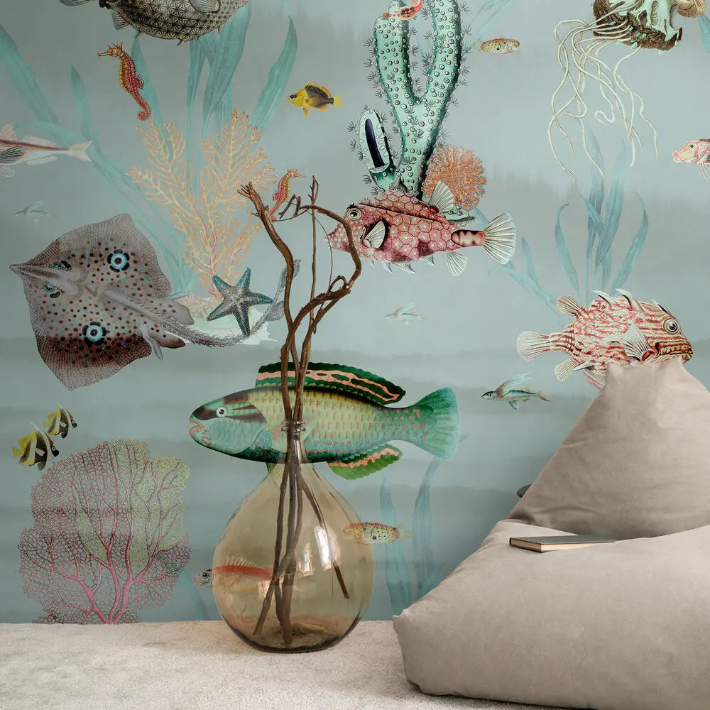 Germany Made Modern Floral Blue Pink Green Non Woven Vinyl Sound-Absorbing Removable Wall Mural for Bedroom Dining 0.53x8.80m