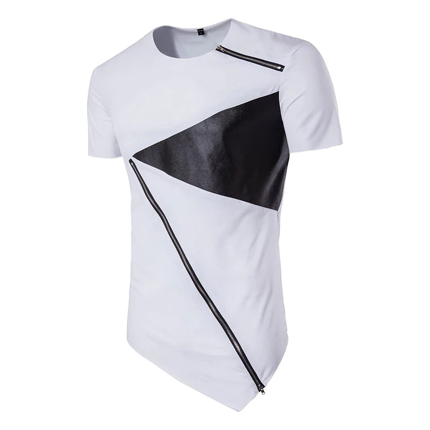 Men's Hip Hop Short Sleeve T-Shirt 100% Cotton Longline Casual Top Leather Zipper Patchwork Tailoring Men's Personality Long