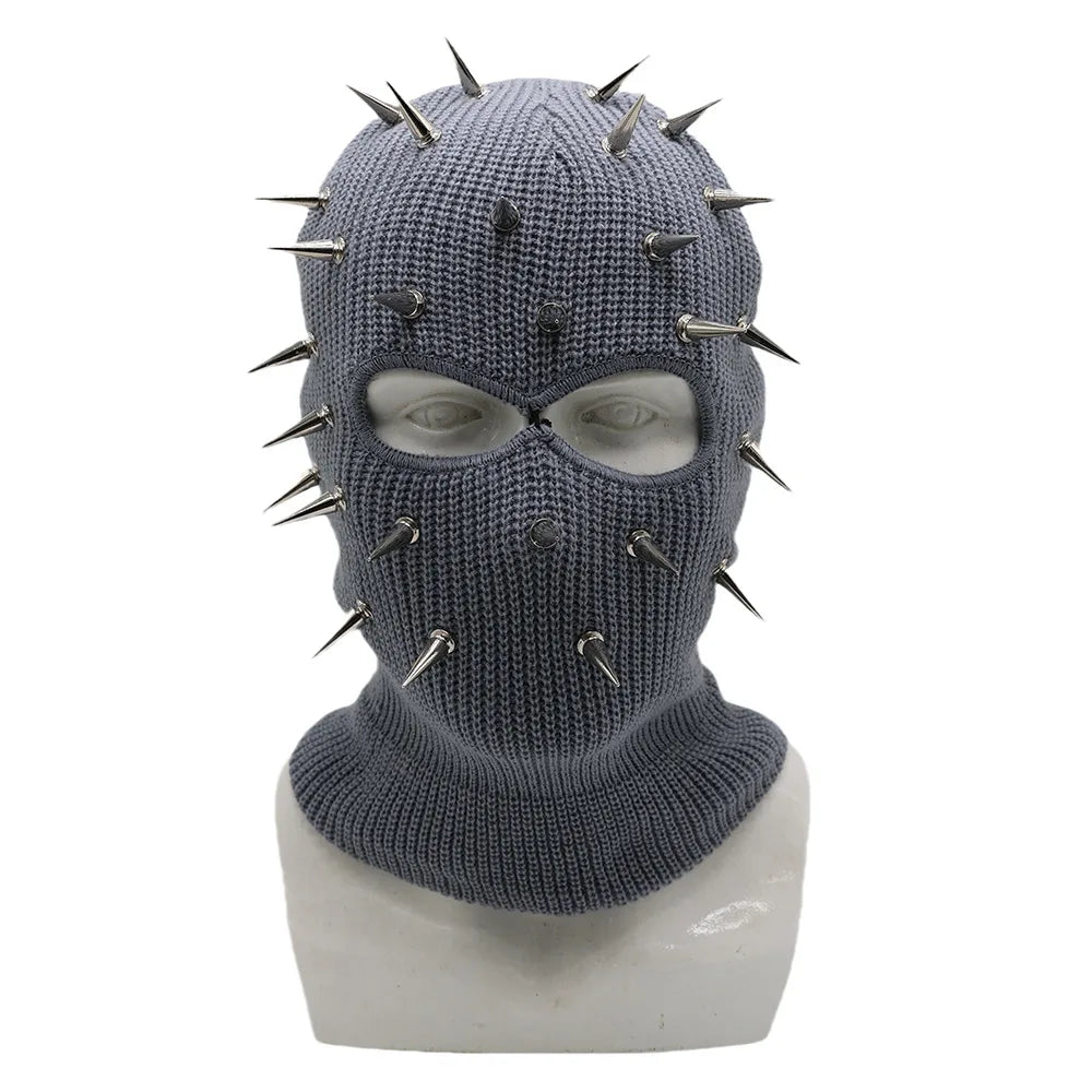Customizable Design Spiked Knit Balaclava 2-Hole Full Face Mask Metal Studs Winter Streetwear Tactical Punk Ski Hood Free Beanie