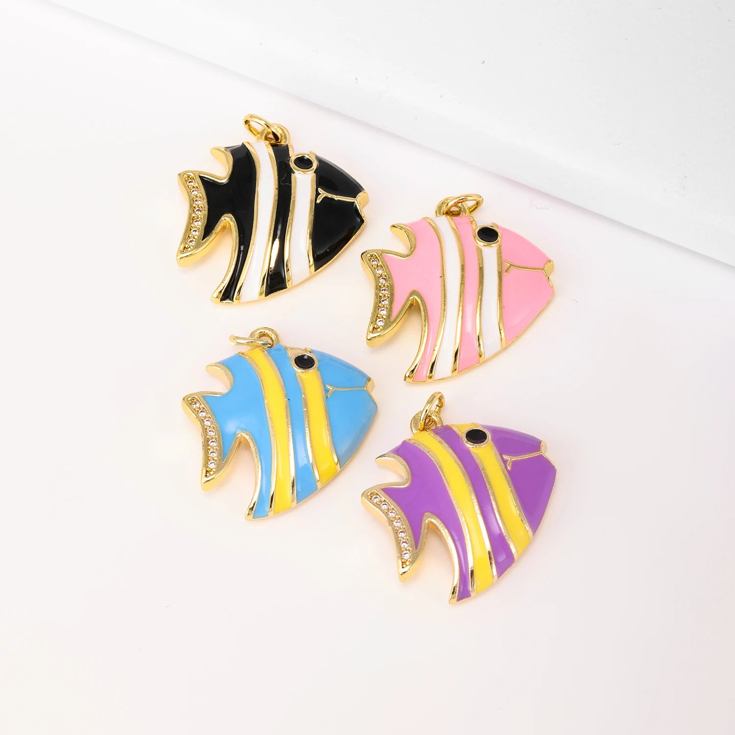 QIKU Wholesale Gold Plated Enamel Fish Charms with Zircon Lucky Fish Pendants for Jewelry Making Bulk