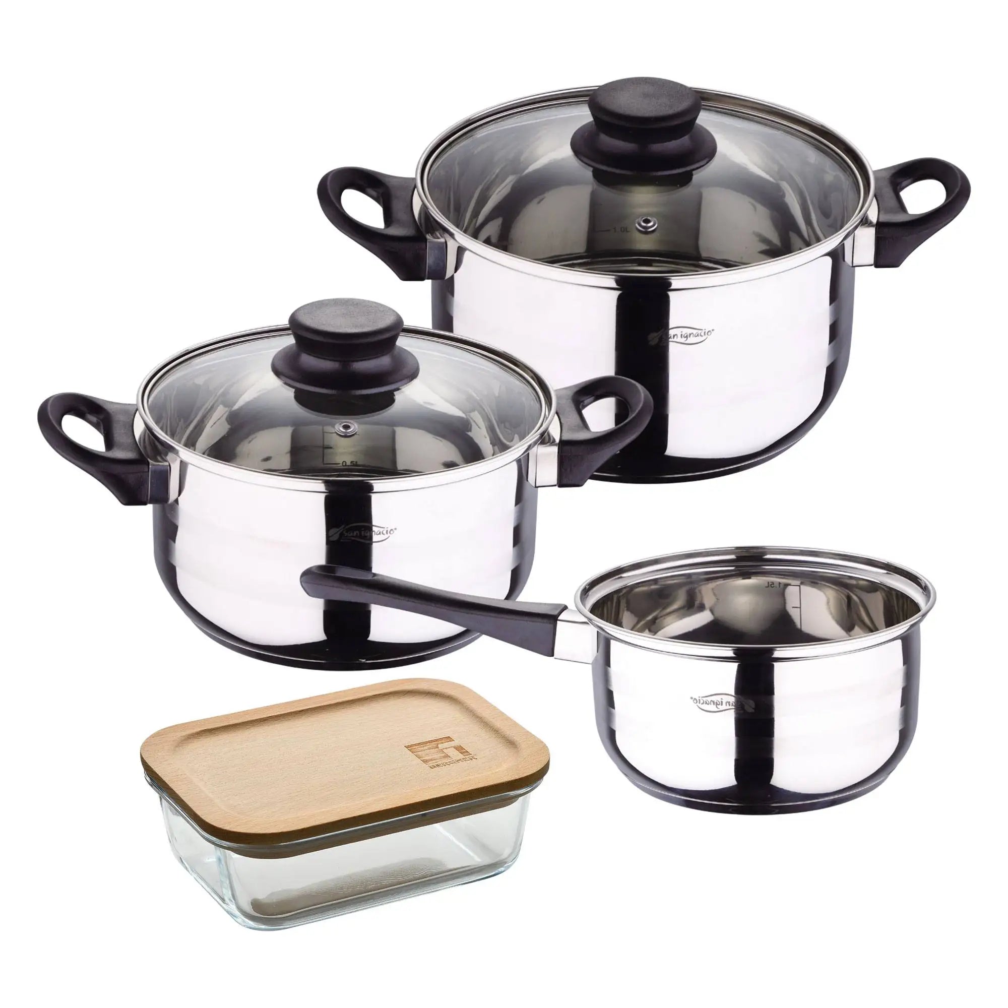 Toledo 5pc cookware set suitable for induction + Bergner NATURALLY 650ml airtight borosilicate glass container