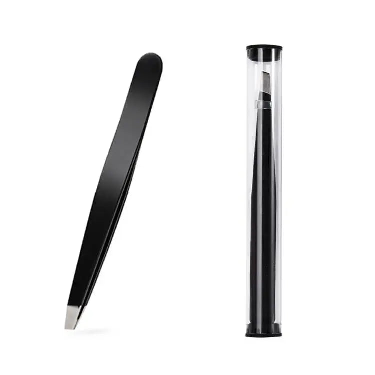 Wholesale Private Label Stainless Steel Eyebrow Tweezers Black Pink Gold Slanted Brow Tweezers With Tube Package