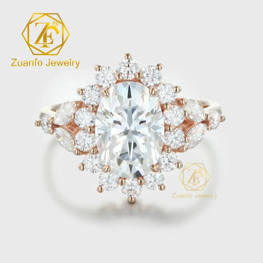 2.5 Carat Oval Cut Vintage Cluster Ring 14K 18K Rose Gold Halo Moissanite Engagement Ring