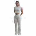 OEM Custom Women 5-Piece Yoga Set Off-the-Shoulder Sleeveless Crop Top High Waist Ribbed Backless Flare Leggings Solid Seamless