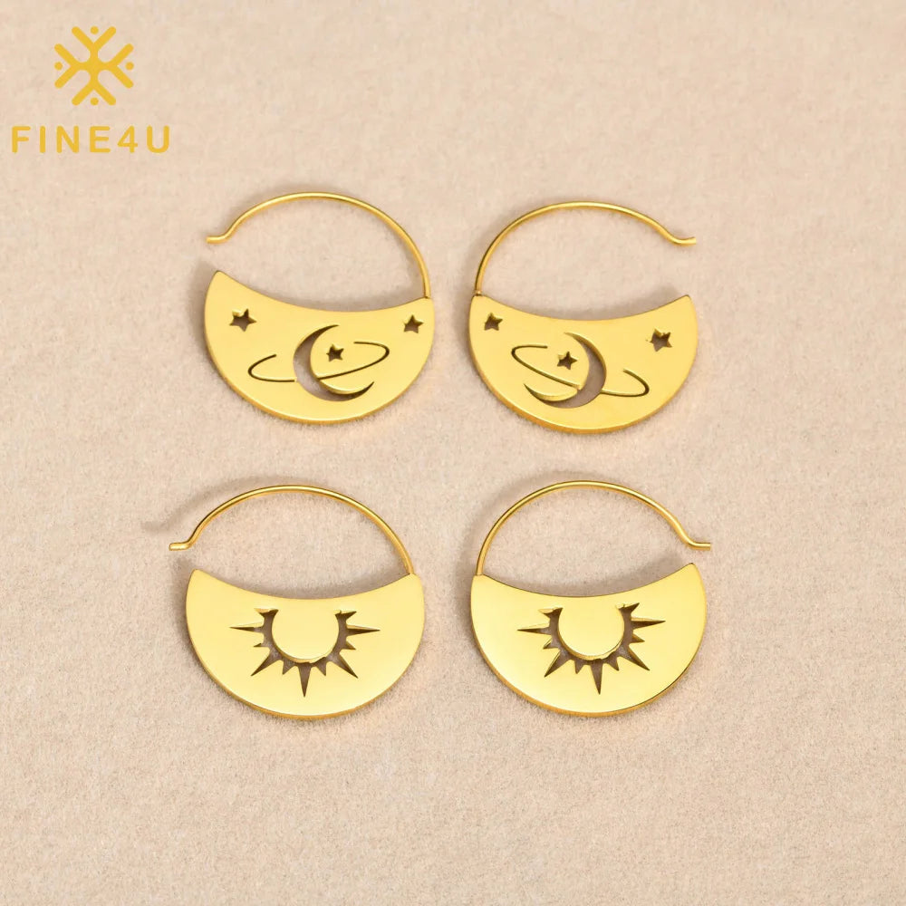 Popular Fashion Stainless Steel Electroplated 18K Gold Jewelry Earrings Custom Creative Sun Moon Stars Pendant Earrings Women