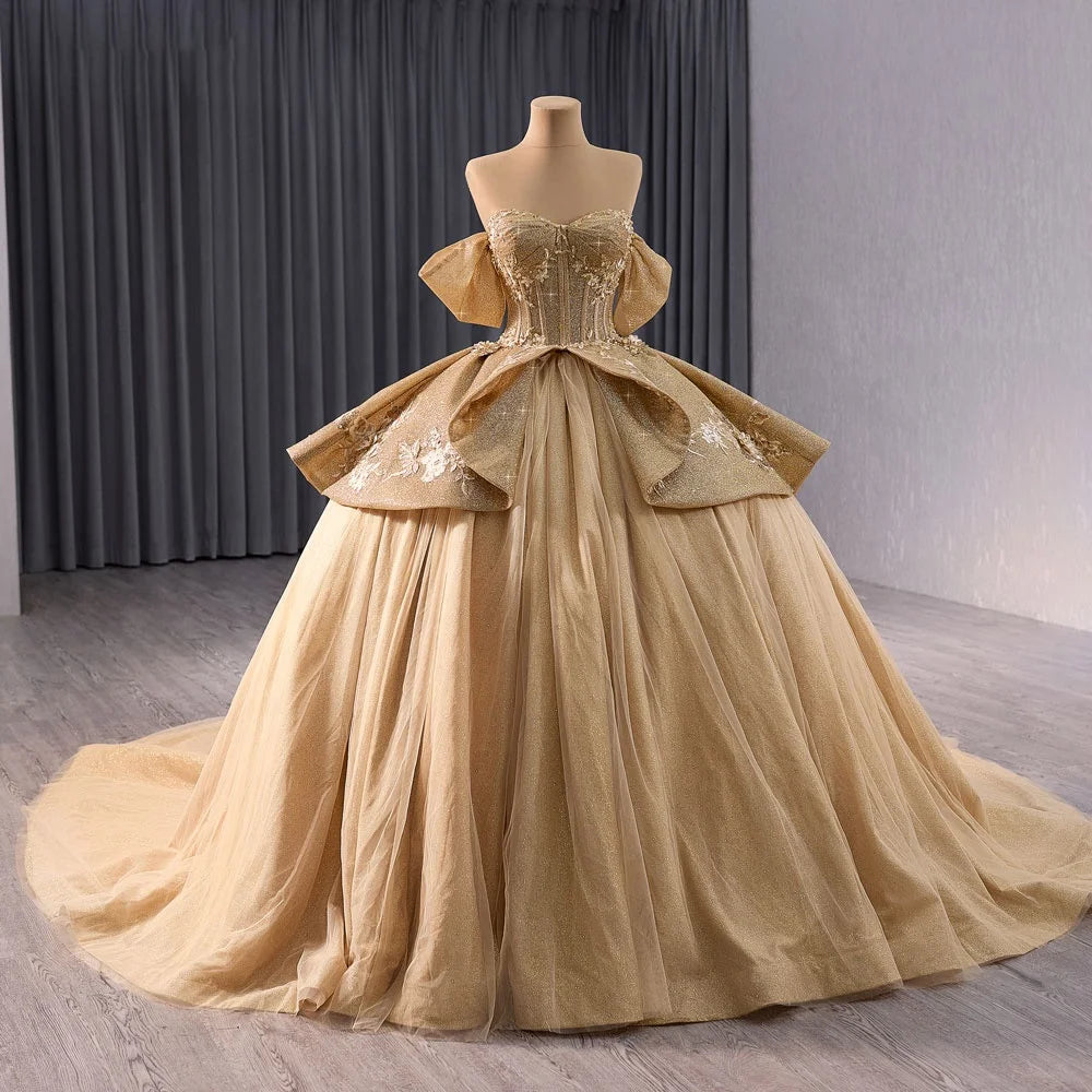 Jancember 241056 Vintage Golden Puffy Empire Ball Gown Evening Dresses for Women