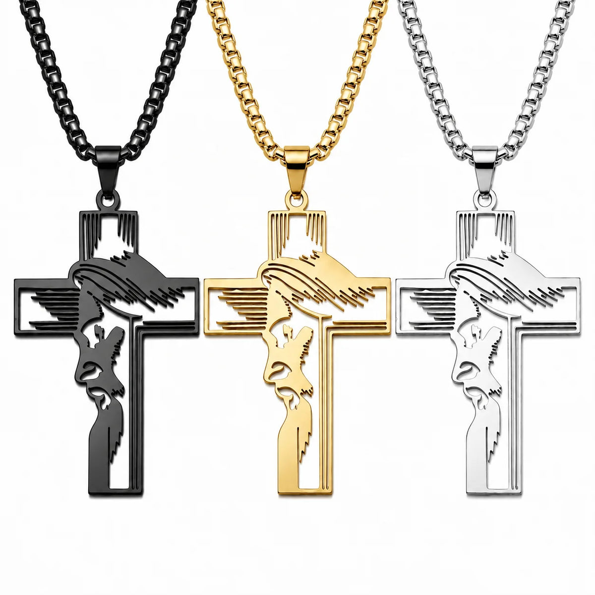 ARNAN Jesus Face Cross Pendant Necklace Stainless Steel Silver Plated Trendy Christian Religious Faith Jewelry Gift Women Men MegaBDM