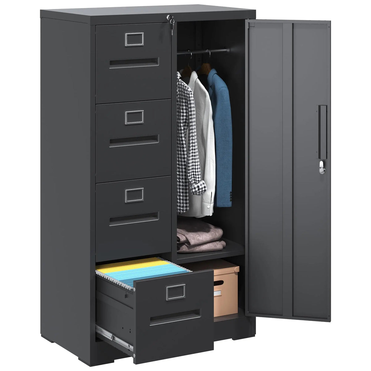 4 Drawer Vertical File Cabinet with Lock & Hanging Rod Multi-Function Steel Wardrobe Storage Cabinet MegaBDM