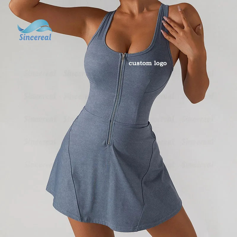 Custom Logo Sports Skirt Breathable Quick Dry Front Zipper Sleeveless Activewear Jumpsuit for Women Training Exercise Dress