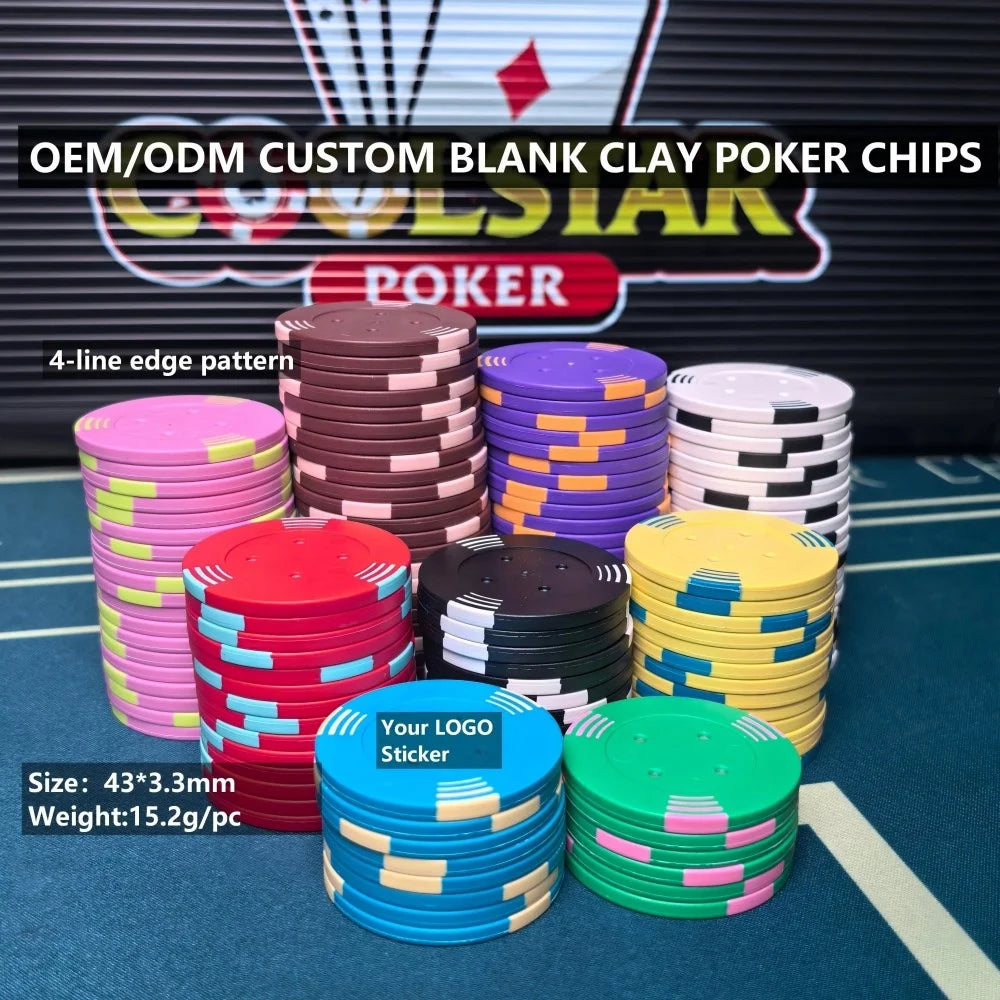 OEM ODM 15.2 Grams 43-Millimeter Casino Grade Clay Poker Chips Sticker Center Blank Surface 4-Line Edge Design for VIP Club MegaBDM