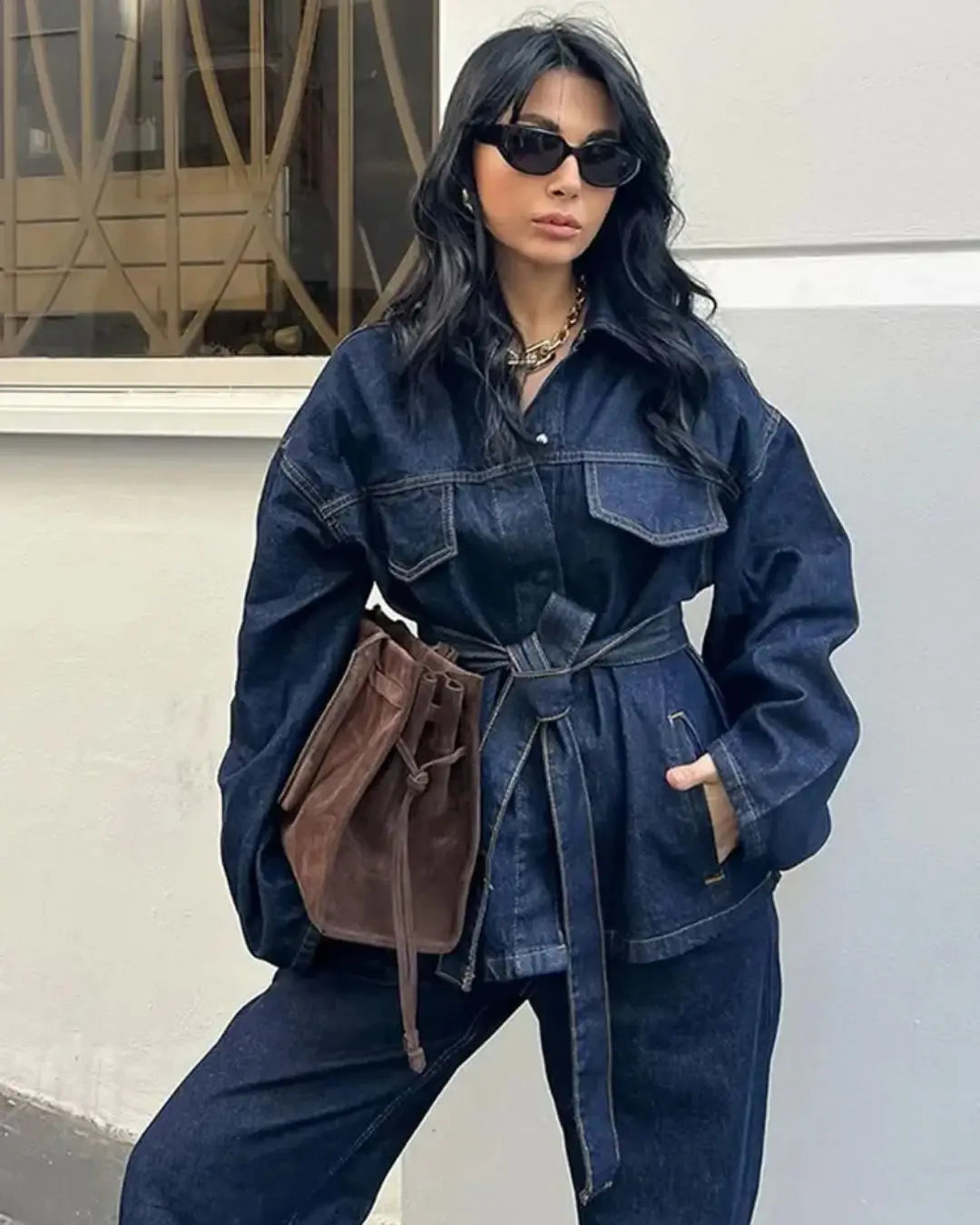 Women's Dark Wash Denim Breathable Vintage Shirt Jacket Belted Waist Utility Pocket Long Sleeve Casual Trucker Winter Summer MegaBDM