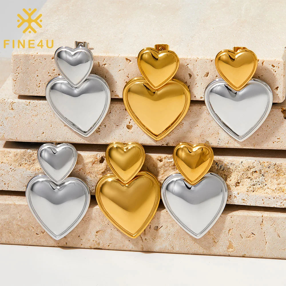 Trendy Double Heart Earring 18K Stainless Steel Gold Silver Plated Smooth Love Drop Earring for Women MegaBDM