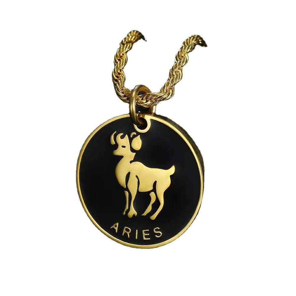 Personality Zodiac Sign Necklace Stainless Steel Twelve Constellations Stone Charms Pendant