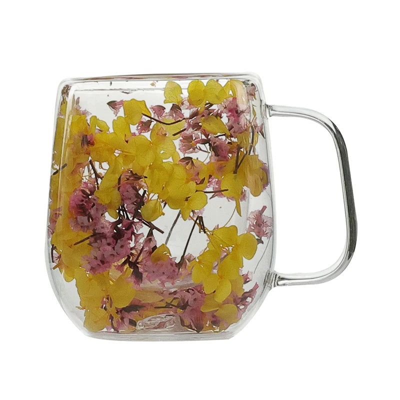 Double-Layer Insulated Glass Drinkware Creative Borosilicate Coffee Cup with Real Dried Flowers Heat-Resistant