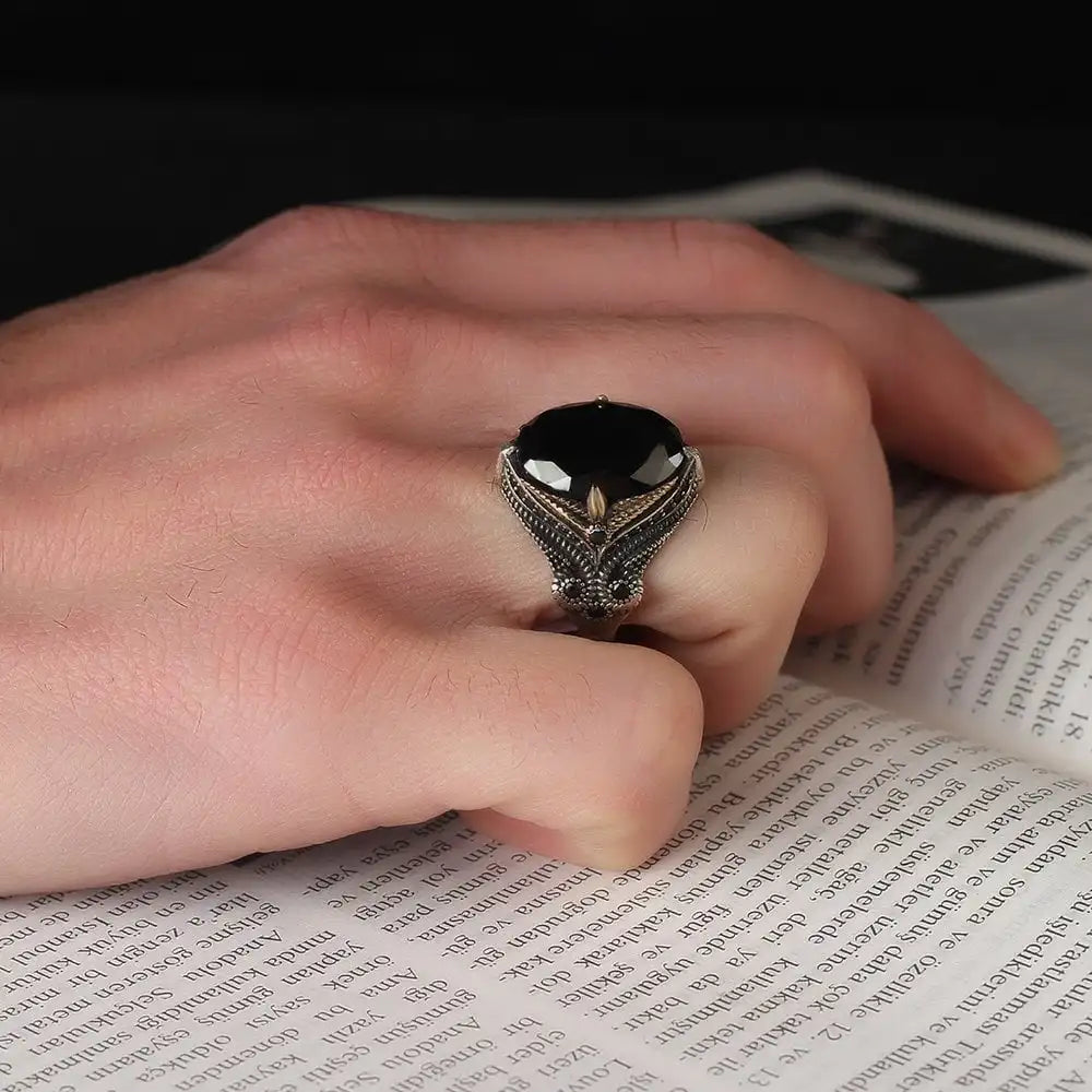 Turkish 925 Sterling Silver Men's Ring Ottoman Style Fashion Jewelry Natural Stone Black Color Handmade Azuris VALKH1383