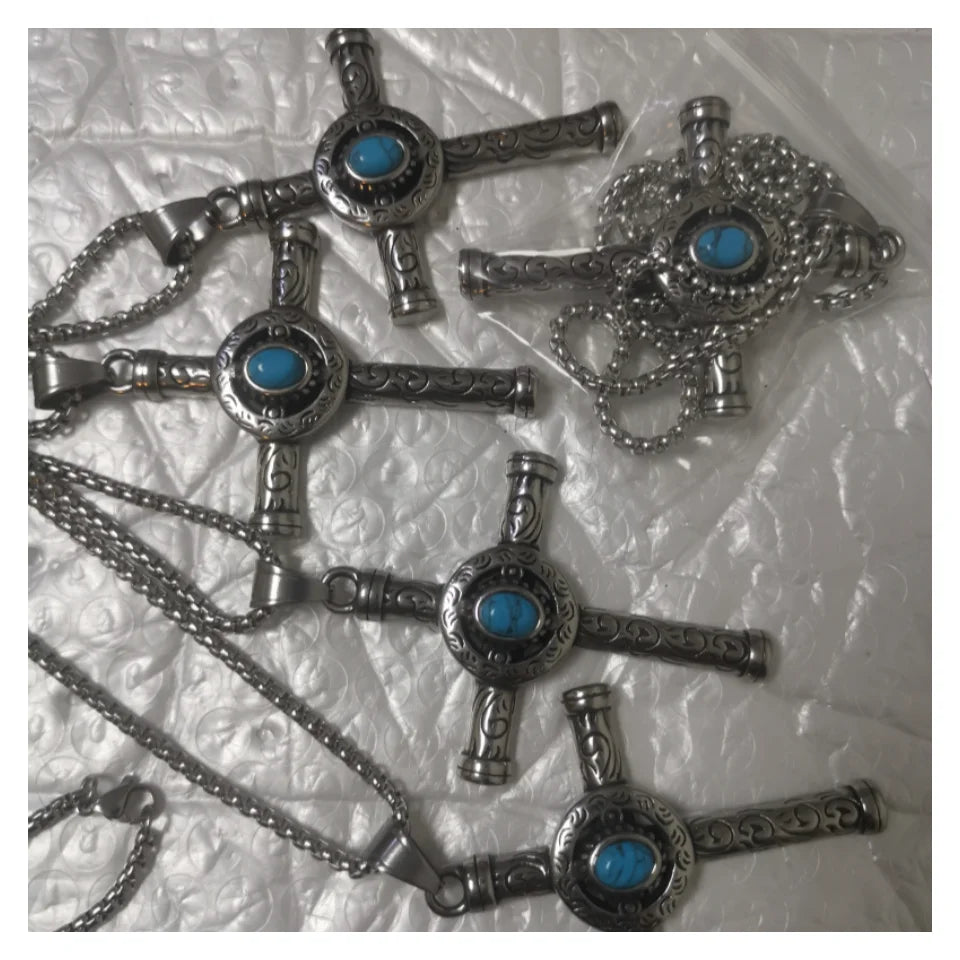 Caicai Turquoise Cross Necklace Pendant Stainless Steel Necklace Pendant for Men Retro Jewelry Women