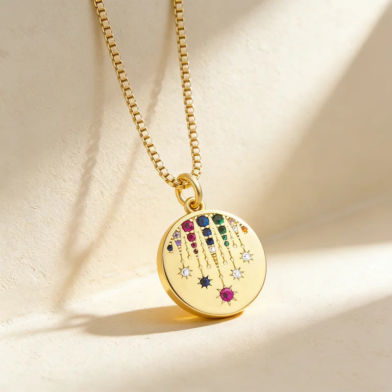 QIKU Wholesale New Design Fashion Rainbow Crystal Pendant Necklace Women Copper Zircon Gold Color Turkish Lucky Jewelry Gift