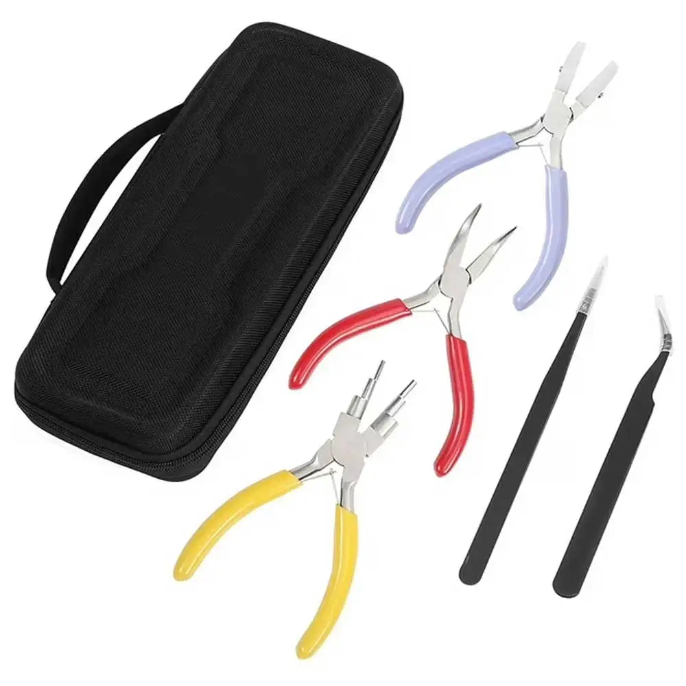 5-Piece Stainless Steel Jewelry Pliers Set Includes Nylon Nose Pliers Bent Nose 6 in 1 Wire Loop Pliers Pointed & Curved Tweezer