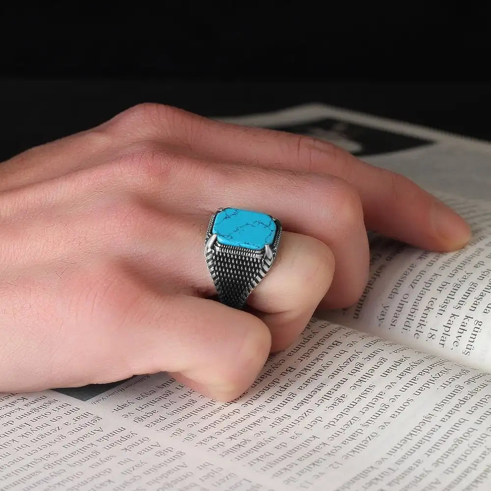 Azuris Turkish 925 Sterling Silver Men's Ring Fine Ottoman Style Jewelry Natural Stone Black VALKH1368