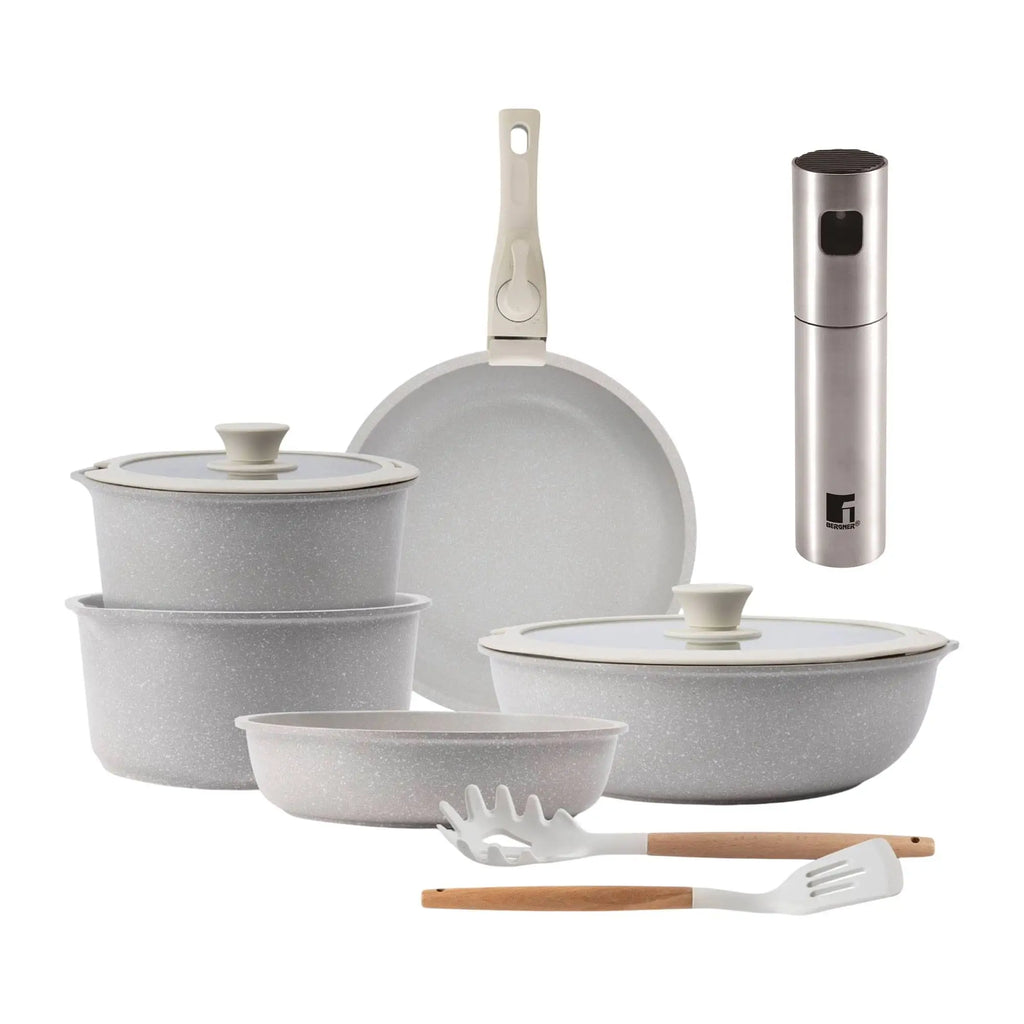 10-Piece Beige Cookware Set with Removable Handles 3 Frying Pans 2 Saucepans Lids and Utensils + Bergner Copper Oil and