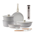 10-Piece Beige Cookware Set with Removable Handles 3 Frying Pans 2 Saucepans Lids and Utensils + Bergner Copper Oil and