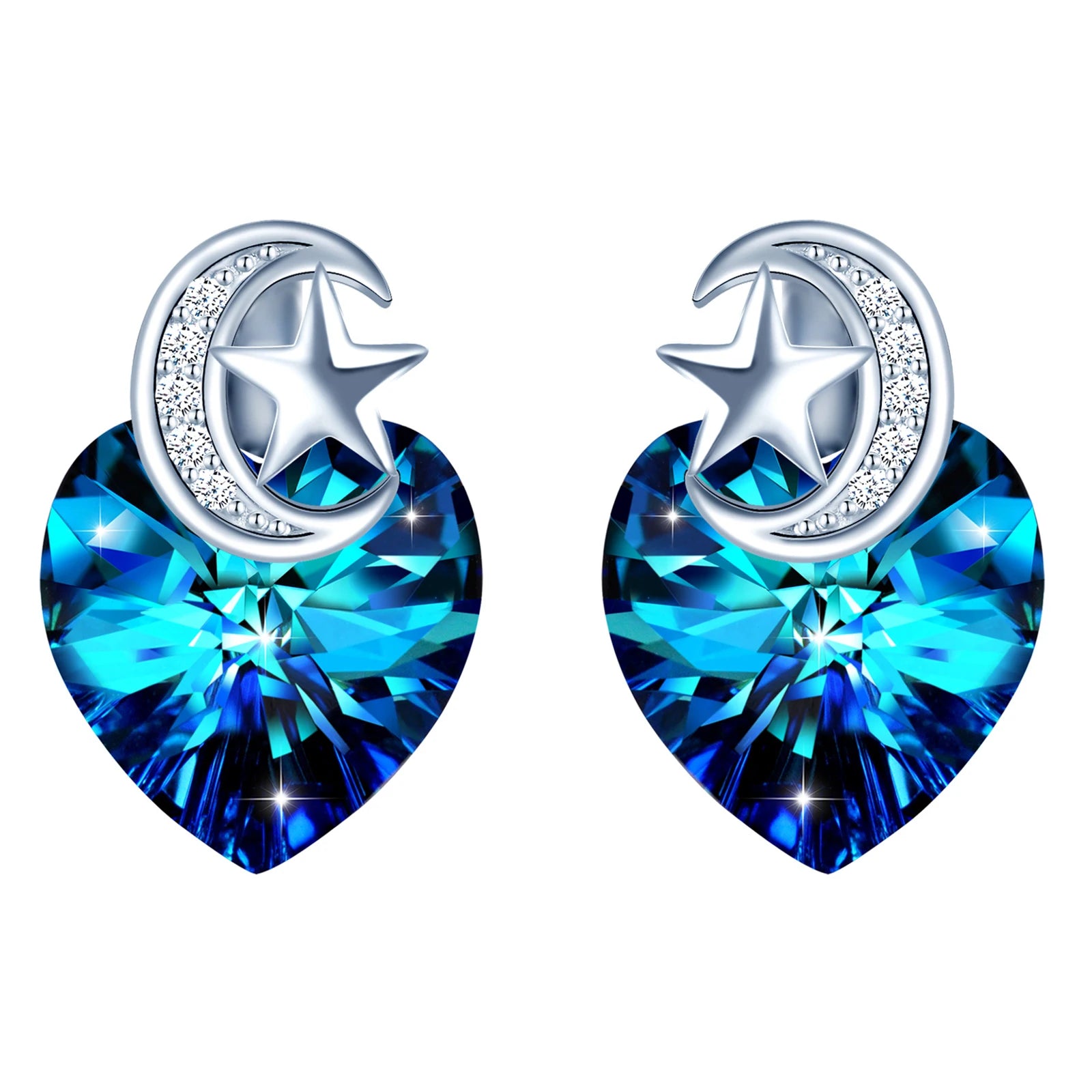 Trendy S925 Sterling Silver Heart Stud Earrings Moon Stars for Party Gift Featuring Zircon Stone