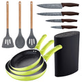 3pc frying pan set (20+24+28cm) green pressed aluminum with 3pc kitchen utensil set silicone wood with 4pc stainless steel