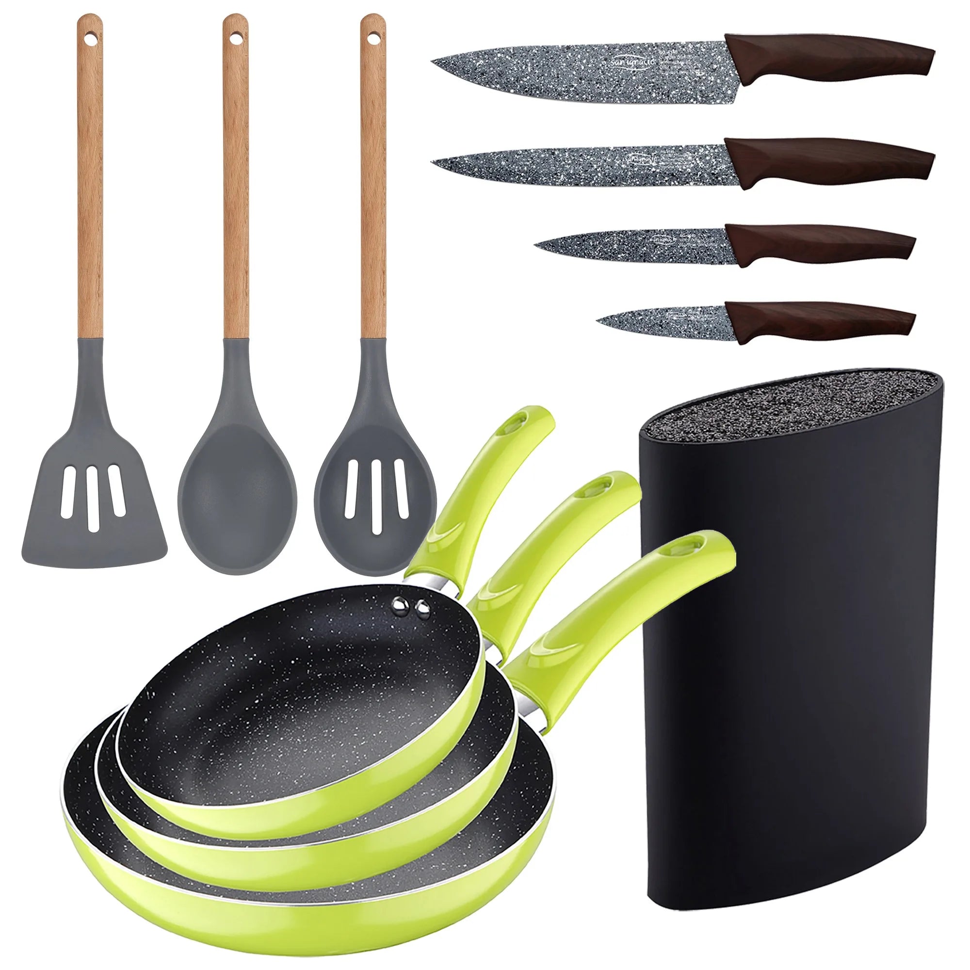 3pc frying pan set (20+24+28cm) green pressed aluminum with 3pc kitchen utensil set silicone wood with 4pc stainless steel