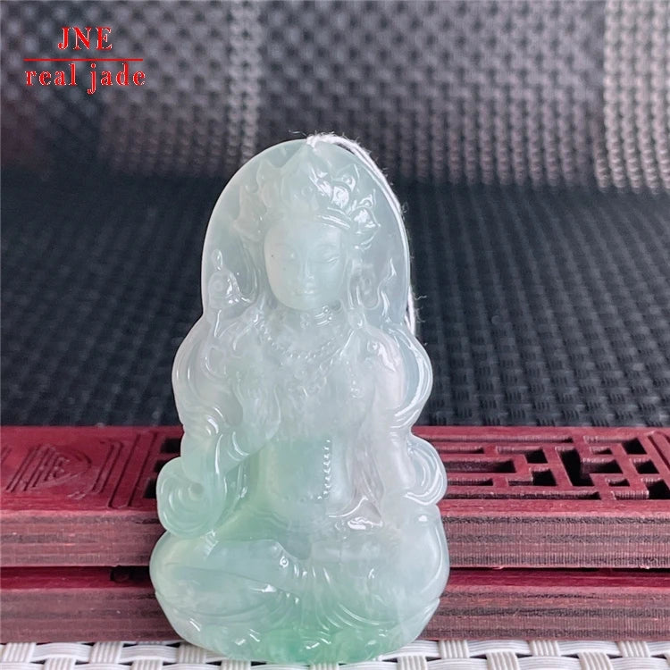 Myanmar Natural a Type Jadeite Jade Pendant Ice-Like Floating Green Tara Guanyin Bodhisattva Emerald Pendant 21.22